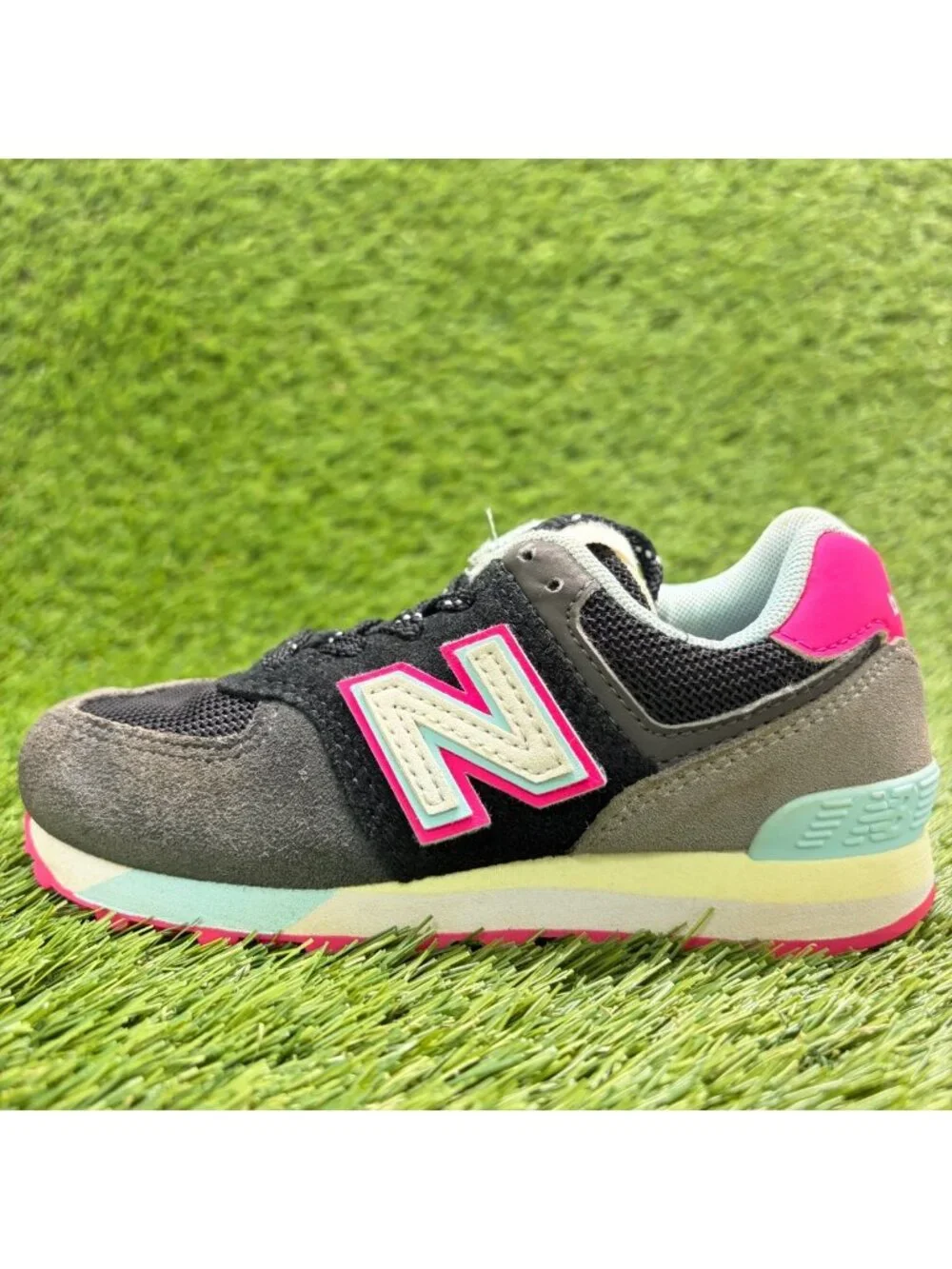 New Balance 574 Girls Size 11C Black Pink Blue Athletic Running Shoes Sneakers